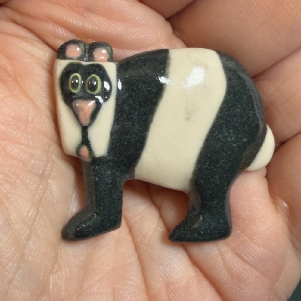 Bear Brooch Ceramic Black White Animal Pin 1.5 Inch Glossy